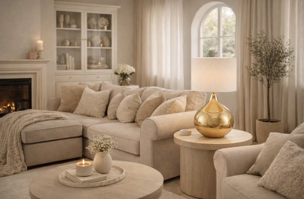 Bordlampe gull keramikk m/hvit skjerm